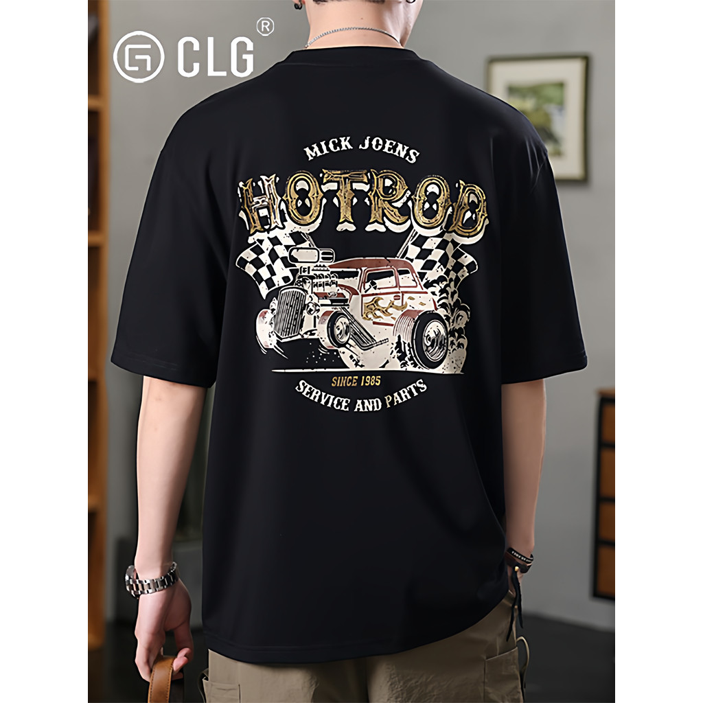 ฮ่องกง CLG Street Wear High-End Feeling การพิมพ์แขนสั้นผู้ชายผ้าฝ้ายแท้หนักรอบคอด้านบนหลวม Hal