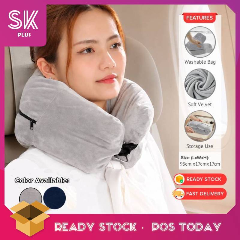 SKplus Travel U-Shaped Storage ปลอกหมอนมัลติฟังก์ชั่หมอนคอสนับสนุนสายรัดปรับได้ Sarung Bantal Leher 
