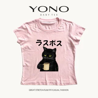 (พร้อมส่ง24ชม.) baby tee สีขาว ลายแมวดำถือแก้วกับตัวอักษรญี่ปุ่น ฟีลคิ้วท์เท่ ทรงเข้ารูป ใส่ชิค