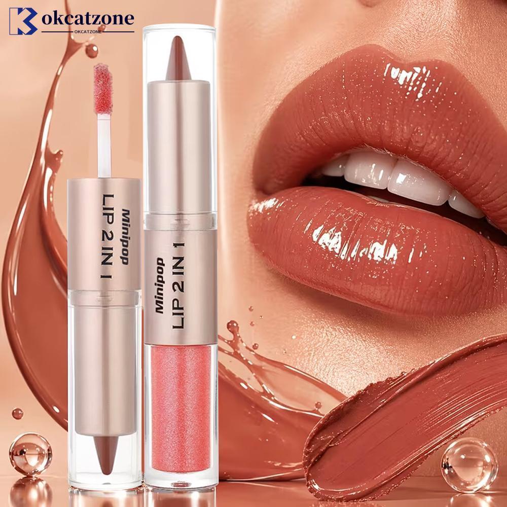 OKCATZONE 2 in1 Tapered Gradient Lipliner ปากกา Nude สีน้ําตาลกระจกแก้ว Lip Gloss Matte Lip Liner กั