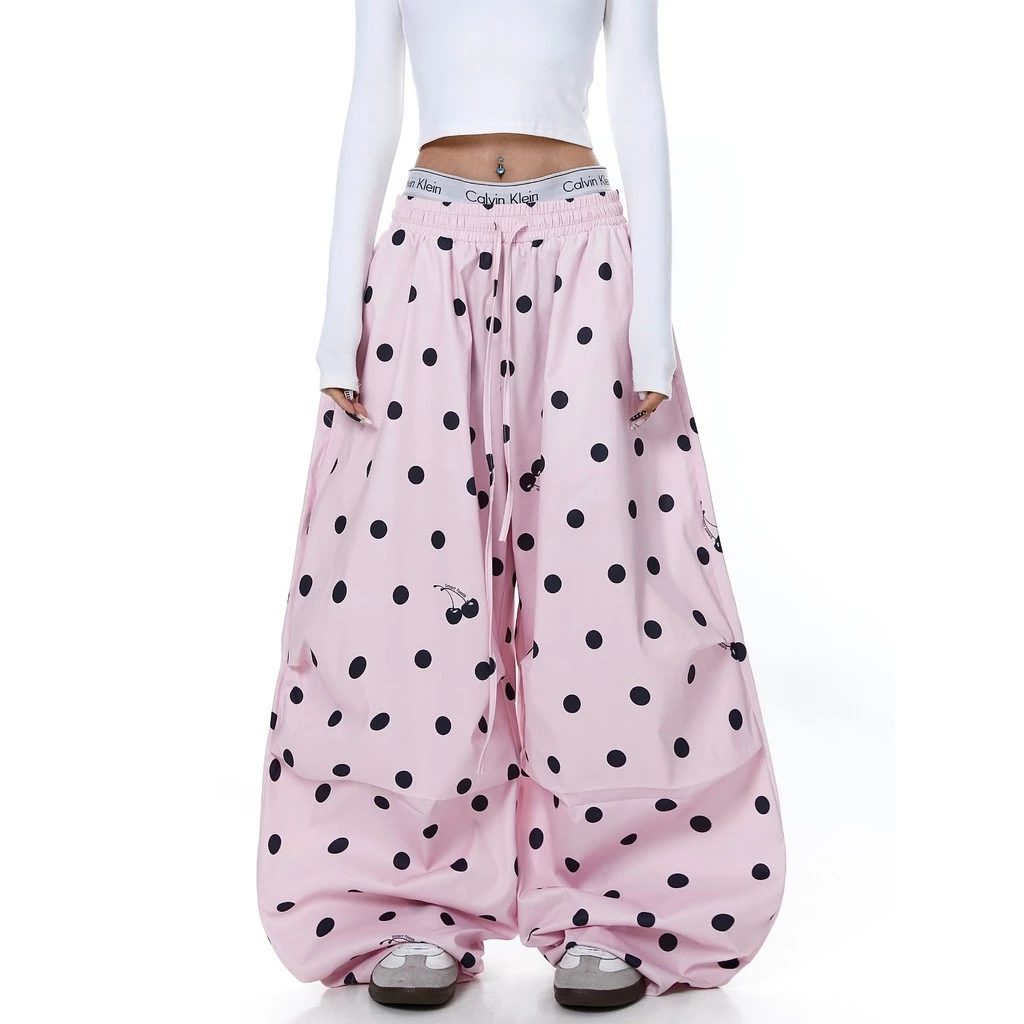 อเมริกัน Polka Dot Cherry พิมพ์สีชมพู Paratrooper กางเกงผู้หญิงกางเกงขากว้างหลวมผู้ชาย
