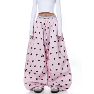 อเมริกัน Polka Dot Cherry พิมพ์สีชมพู Paratrooper กางเกงผู้หญิงกางเกงขากว้างหลวมผู้ชาย