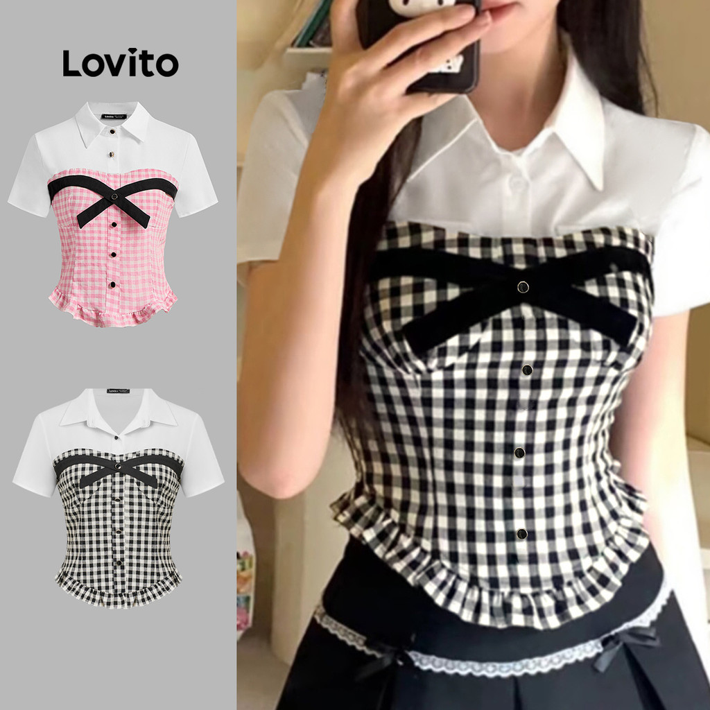 Lovito เสื้อเบลาส์ ลายตาราง ดีไซน์เลเยอร์สองชั้น สไตล์ลำลอง สำหรับผู้หญิง L117AD386