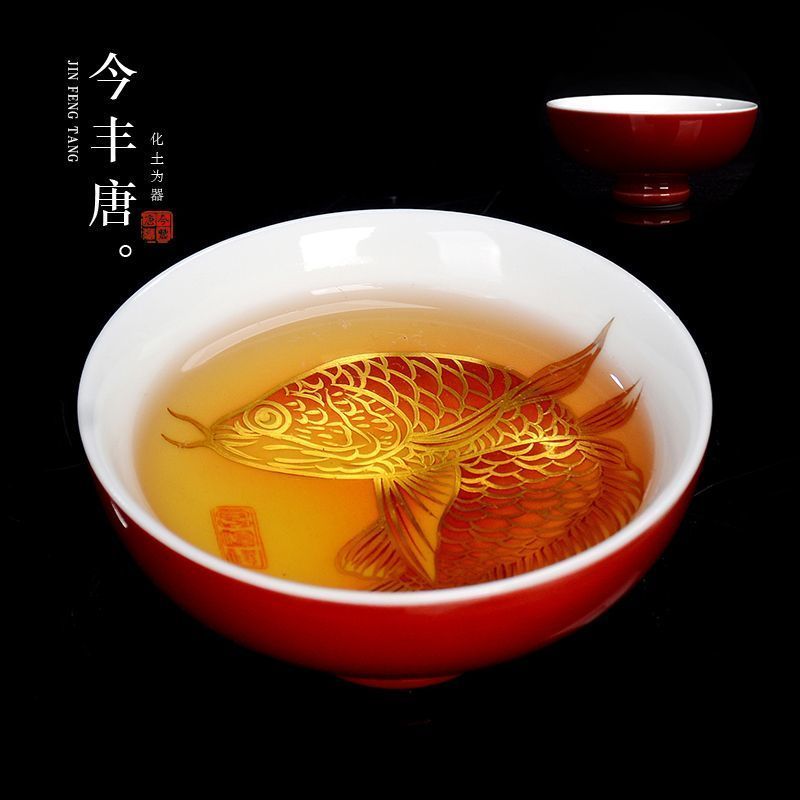 Jiang Zuqing Arowana Turnover มือวาด Ji สีแดงถ้วยชาเงินสีแดง Arowana Master ถ้วยถ้วยเดียว Kung Fu ถ้