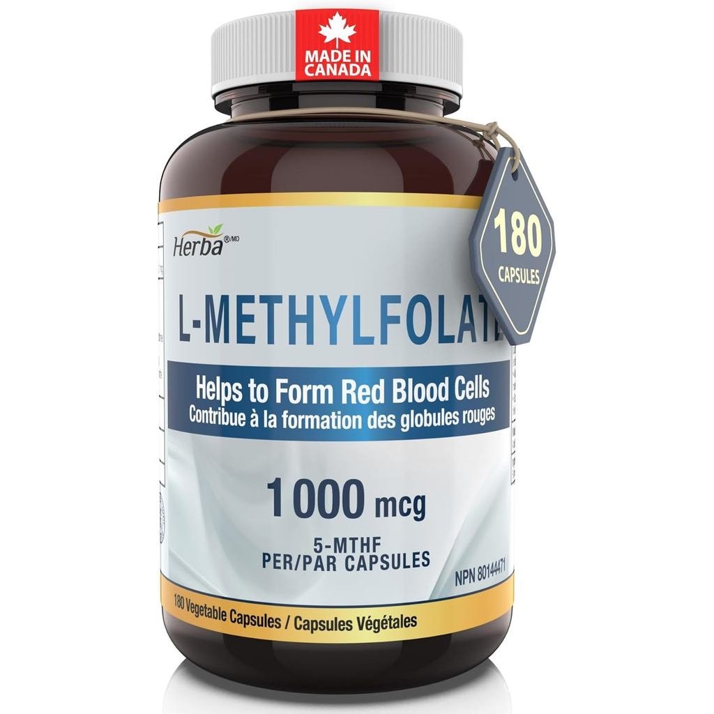 Herba L-Methylfolate 1000mcg - 180 แคปซูล | วิตามิน B9 5-MTHF อาหารเสริมโฟเลต | รองรับการสร้างเซลล์เ
