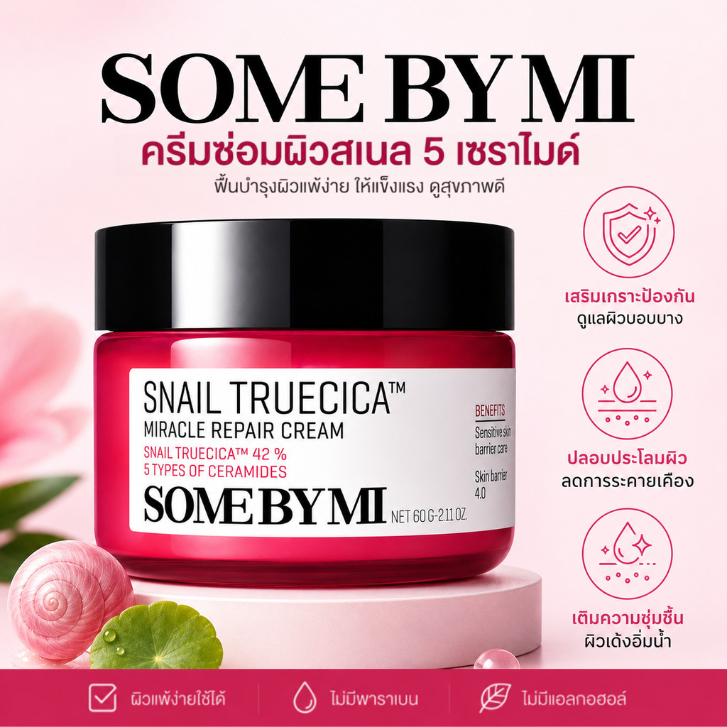 SOME BY MI Snail Truecica Miracle Repair Cream 60g ครีมลดรอยสิว ปลอบประโลมผิว ฟื้นบำรุงผิวแพ้ง่าย