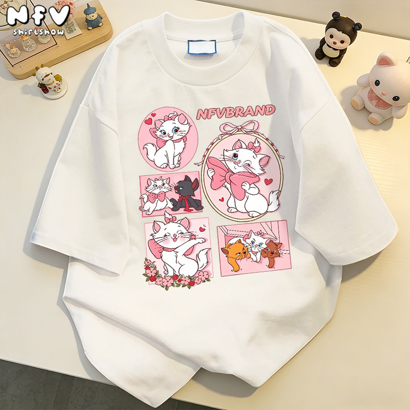 【จัดส่งตลอด 24 ชั่วโมง】NFV แฟชั่นเกาหลี💕เสื้อยืดแขนสั้นคอกลม Oversized ทรงหลวม ลายแมวน่ารัก ผ้าฝ้าย100% YG6276