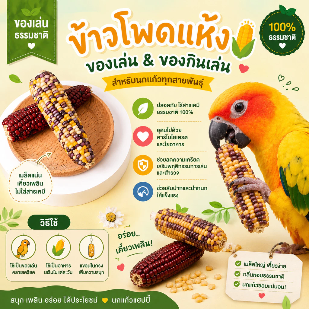 Parrot.Thailand ข้าวโพดแห้งนกแก้ว ของเล่นแก้เครียด ขนมแทะนก ลับปาก แข็งแรง ไร้สารเคมี