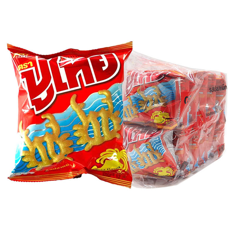 ปูไทย ขนมทอดกรอบ รสปลาหมึก 12 ก. x 12 (PU THAI Crispy Snack Squid 12 g x 12) โปโลแมน POLOMAN