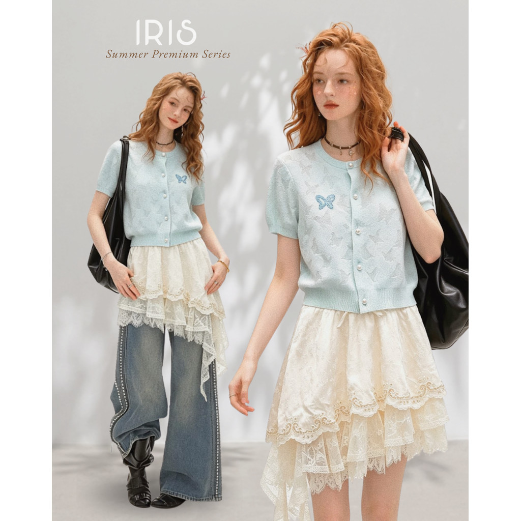Original Design IRIS BOUTIQUE summer premium sereis 2 IS7652-IK7652 Butterfly Knit Cardigan & Lace Layered Skirt