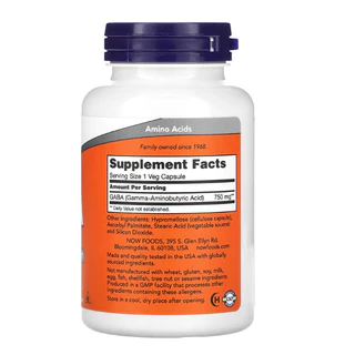กาบา GABA 500/750mg เหมาะกับผู้ที่ใช้สมองและความคิดอย่างต่อเนื่องในแต่ละวัน 100Veg Cap NOW FOOD-แท้EXP:08/28