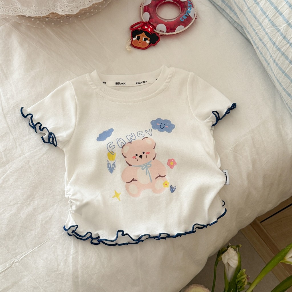 สาวฤดูร้อนการ์ตูนหมีพิมพ์เชื้อราขอบแขนสั้นเสื้อยืดสาวน้อยน่ารักน่ารักครึ่งแขนเสื้อ