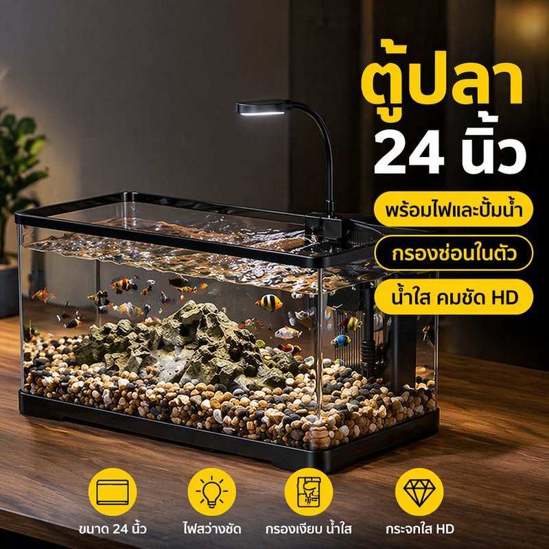ตู้ปลา 24 นิ้ว อ่างปลาใหญ่ กรองซ่อน ปั๊มน้ำ ไฟ LED น้ำใส ปลาสวย ตั้งโต๊ะ เลี้ยงปลาขนาดเล็ก