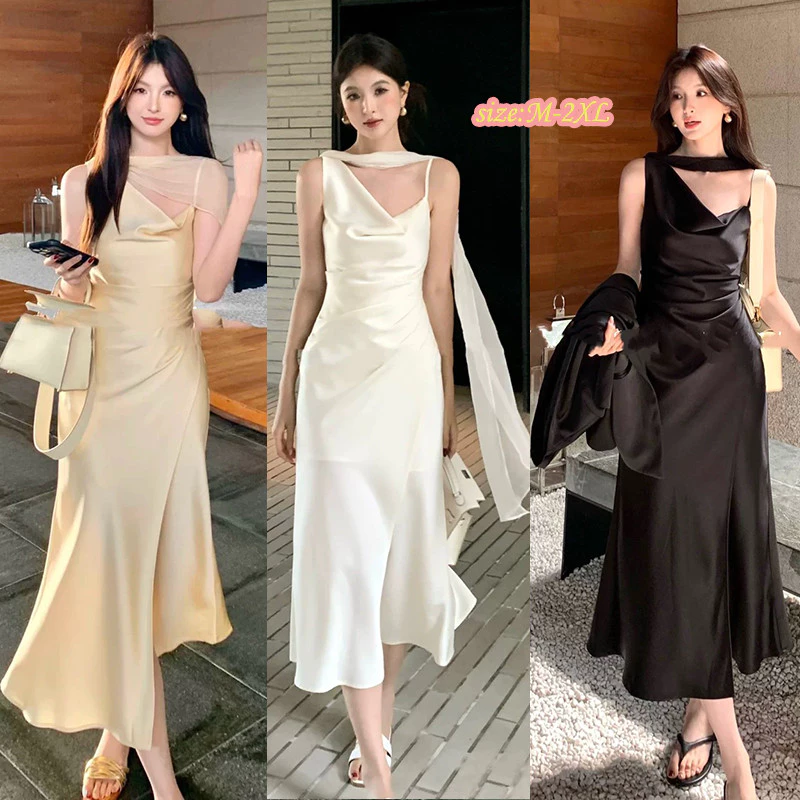 99436 พร้อมส่งไทย เดรสสตรีสไตล์ฝรั่งเศส มีริบบิ้น ผ้าตัดทรงไม่สม่ำเสมอ เดรสสายเดี่ยวทรงเอ ฤดูร้อน รัดเอว มีหลายสี