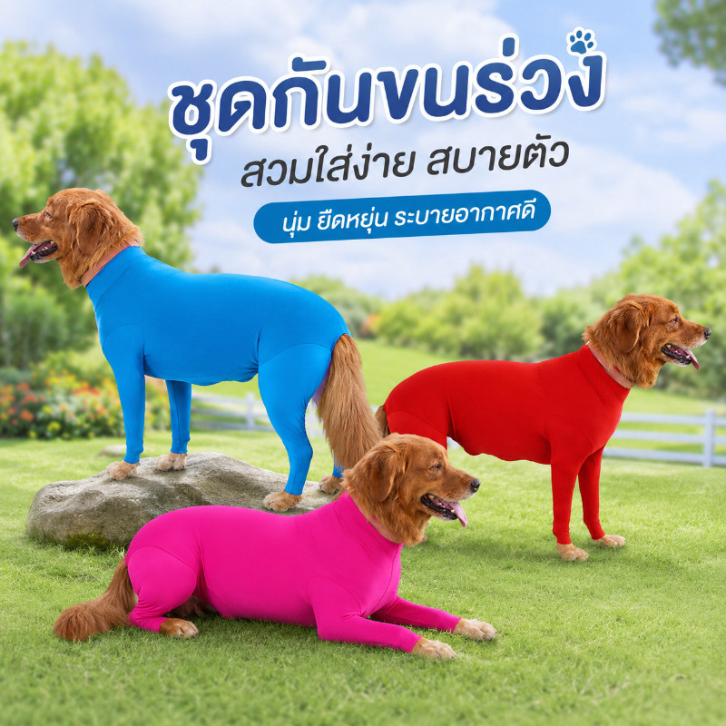 พร้อมส่ง  เสื้อสัตว์เลี้ยง กันขนร่วงสำหรับสุนัขพันธุ์​กลางและใหญ่ ใส่สบาย ชุดกันขนร่วง รุ่นBodySuitมีซิป เสื้อผ้าสี่ขา
