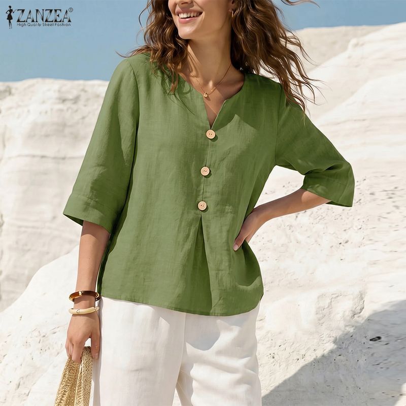 ZANZEA ซานเซีย แฟชั่นสตรีผ้าฝ้ายคอวีครึ่งแขนเสื้อหลวมแข็ง — صورة 4