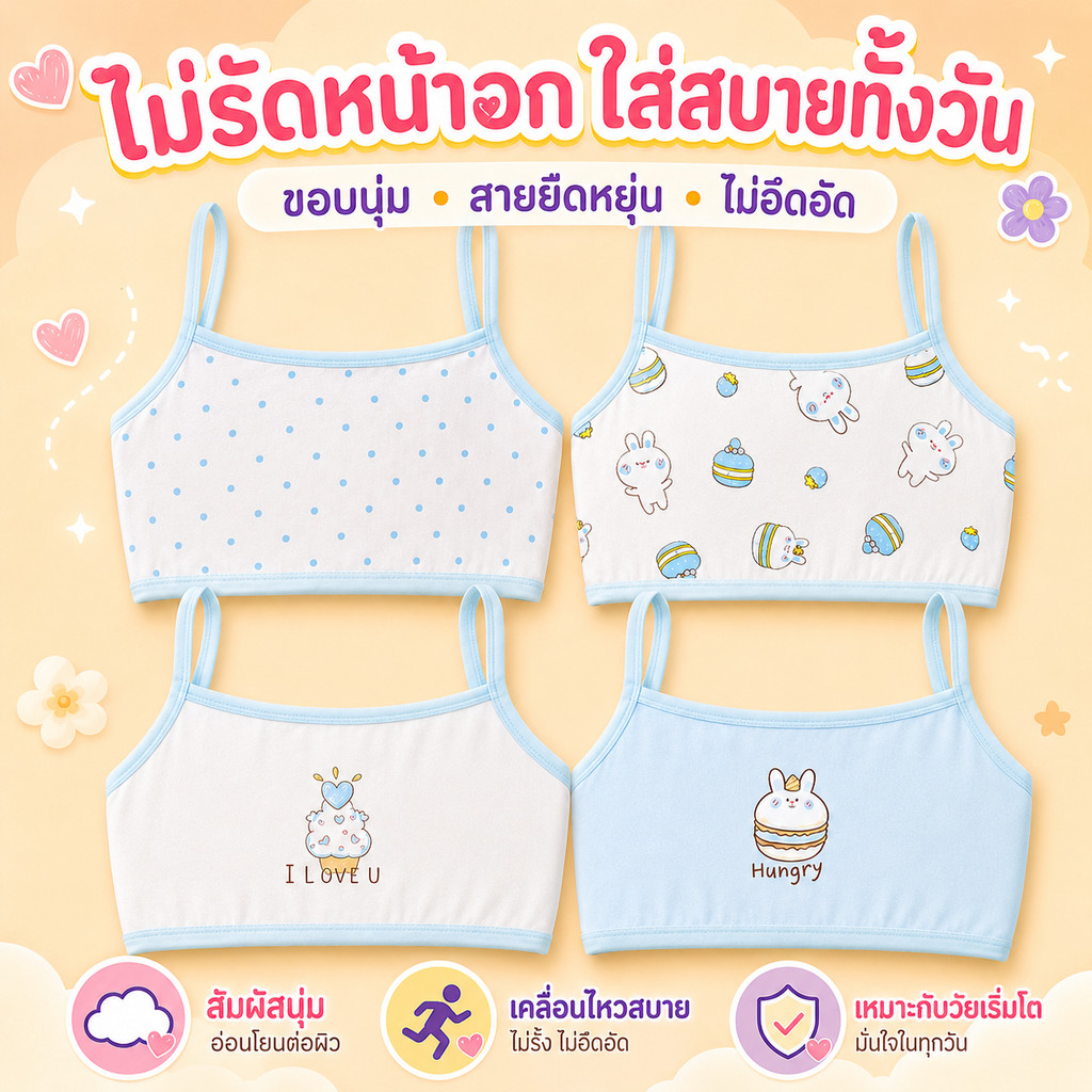 เสื้อกล้ามบราเด็กผู้หญิง ผ้าฝ้าย ลายการ์ตูน ไร้โครง ไม่รัดอก ระบายอากาศดี อายุ 6-15 ปี