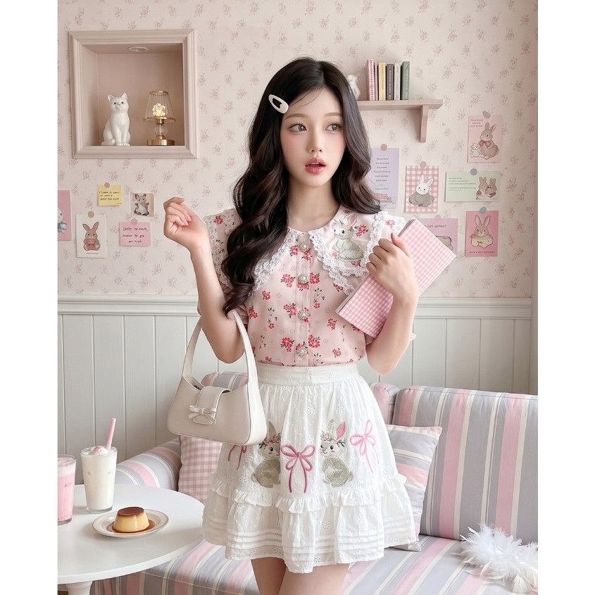 (มี3XL) สีชมพู Sakura Bunny Set เซ็ต 2 ชิ้น เสื้อเชิ้ตกระดุมหน้า ปกงานปัก + กระโปรงลูกไม้งานปัก ซับในกางเกง