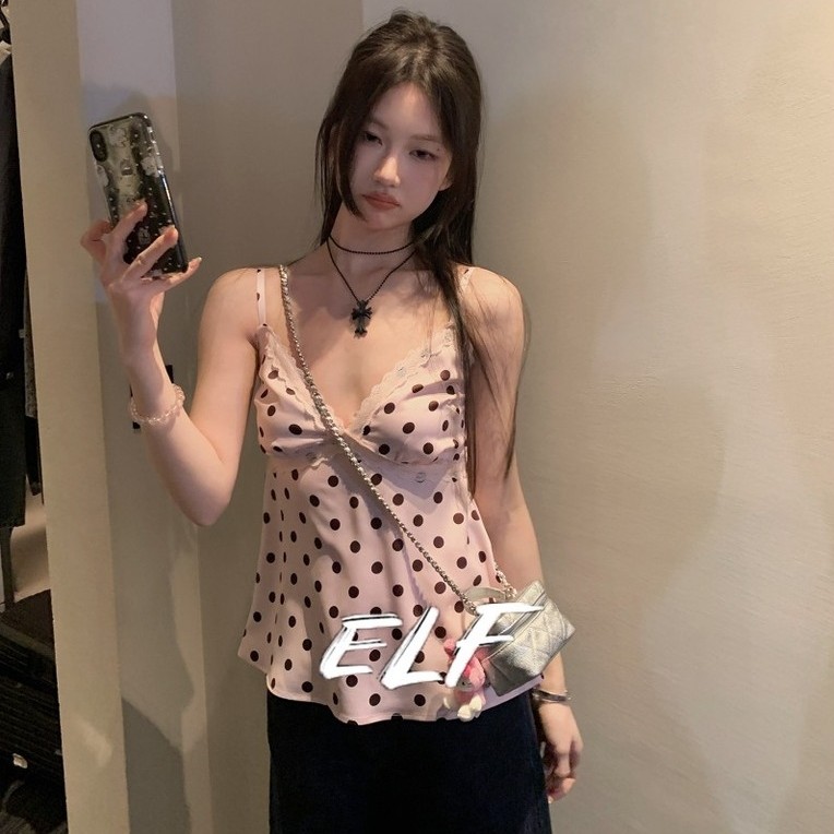 ELFwoo Polka Dot Lace Splice Camisole แฟชั่นฤดูร้อนคอวีเปลือยด้านบน