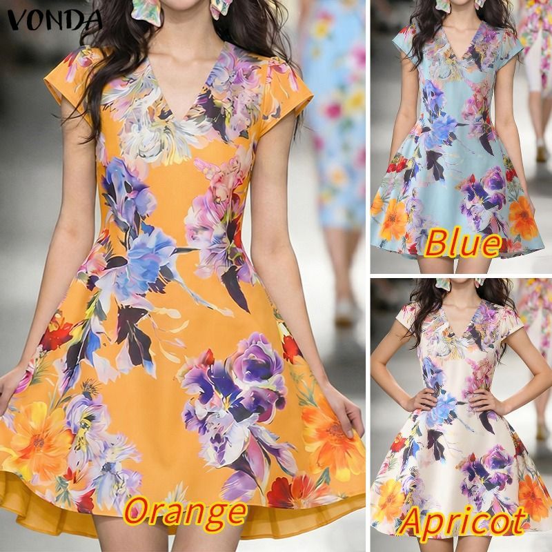 VONDA ผู้หญิงเกาหลี Elegant โรแมนติกปาร์ตี้ V คอ Fly Sleeve พิมพ์ลายดอกไม้ Flare A-Line Dresses — صورة 3