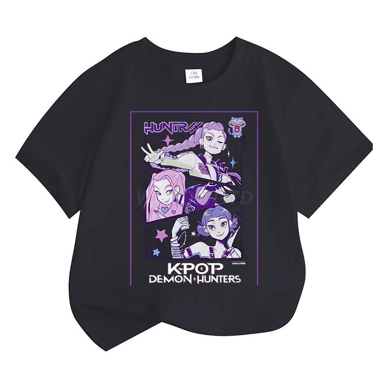 2026Trendy Kpop Demon Hunters เสื้อยืดเด็กการ์ตูนกราฟิกพิมพ์แขนสั้นลูกเรือคอฤดูร้อนสบายๆ Top Boys Gi