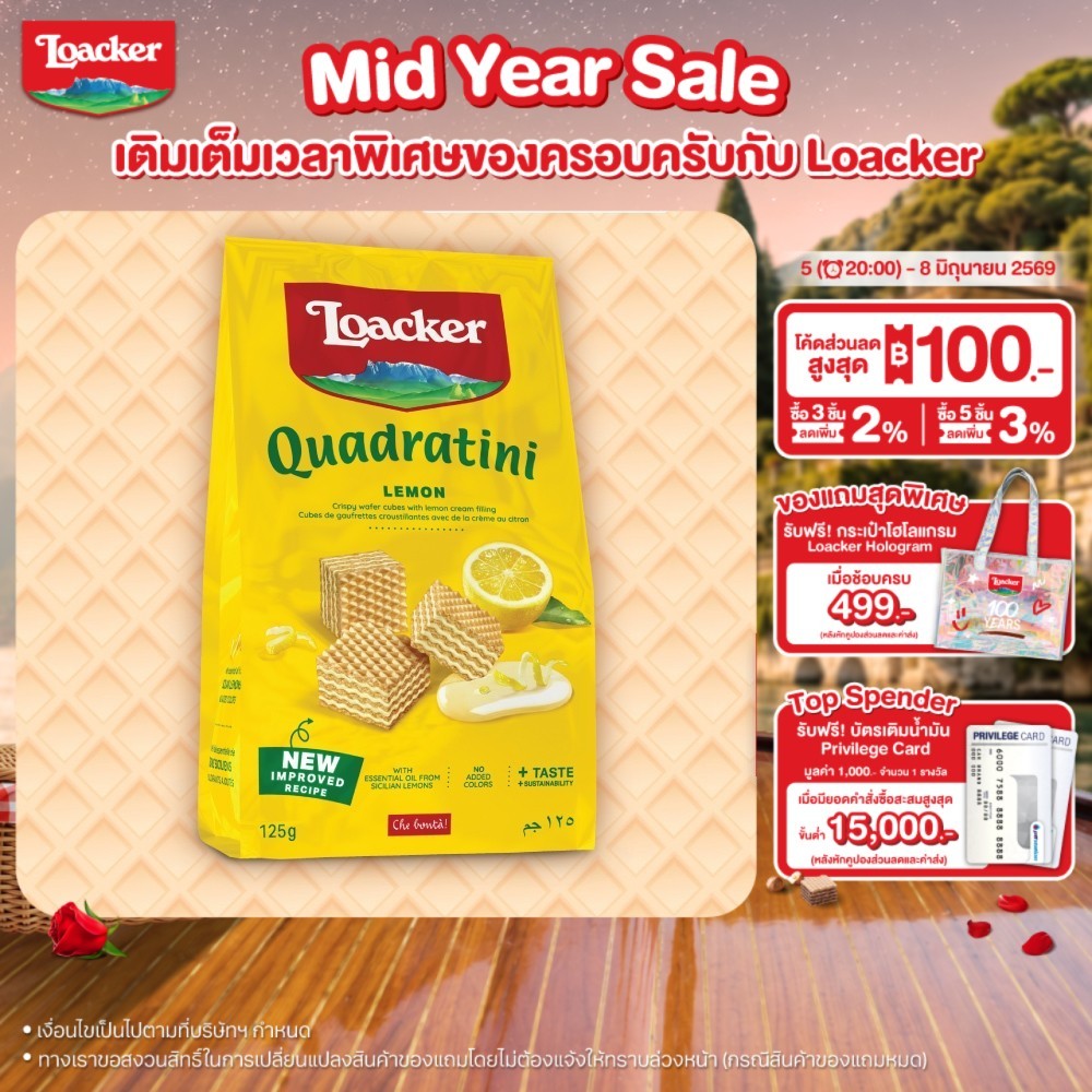 ล็อคเกอร์ ควอราตินี เลมอน (เวเฟอร์สอดไส้ครีมเลมอน) 125 กรัม / Loacker Quadratini Lemon 125 g