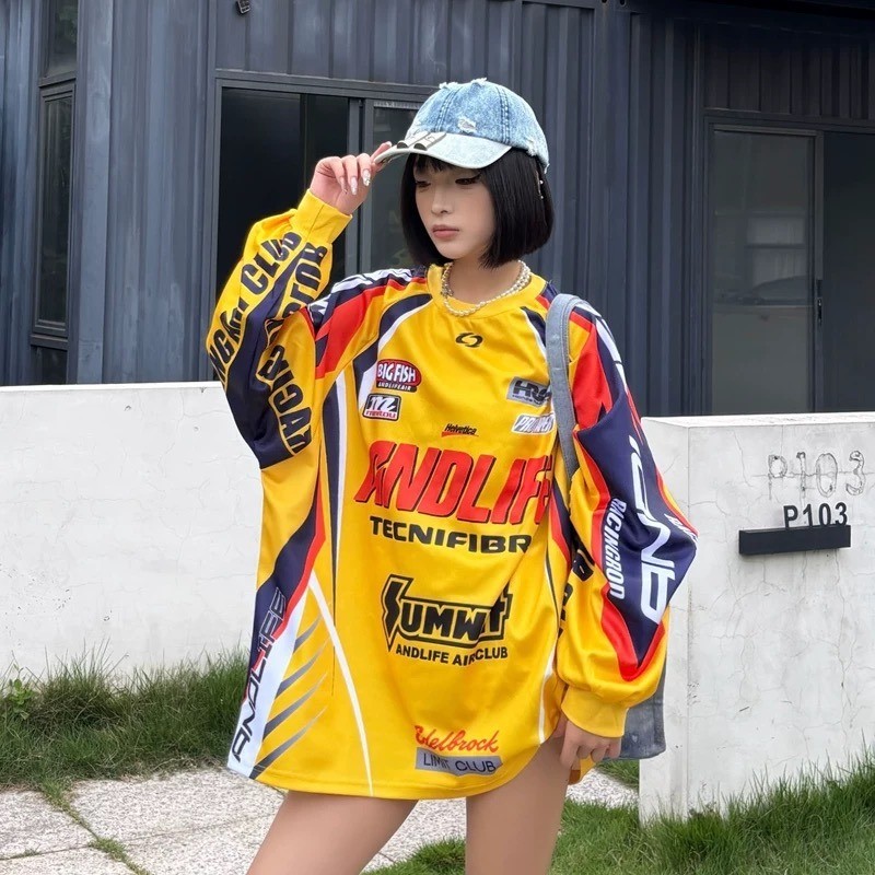 SUIKONE ซุยโคเนะ เสื้อยืดแขนยาวชุดแข่งอเมริกันแบรนด์อินเทรนด์คู่สไตล์เป็นกลาง — صورة 3