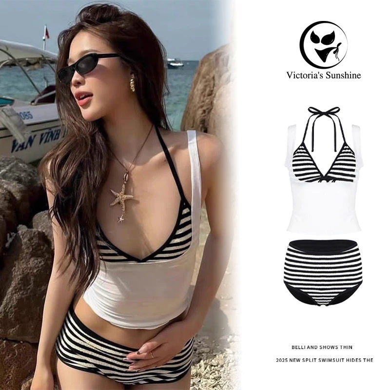 ชุดว่ายน้ำสตรีตวันสุดสัปดาห์ ชุดบิกินี่ bikini sexy 3 ชิ้น ลายทาง มีฟองน้ำ ใหม่2026#1123