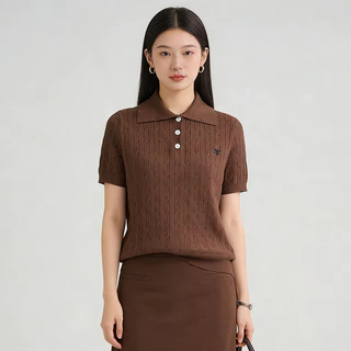 T8003 POLO เสื้อโปโลถักนิตติ้งแขนสั้นลายเชือกกลม สำหรับผู้หญิง นุ่มสบาย
