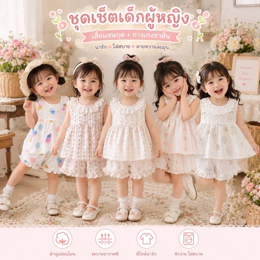 มาใหม่ ✨ชุดเซ็ตเด็กผู้หญิงเสื้อแขนกุด กางเกงขาสั้น น่ารักสไตล์เกาหลี✨