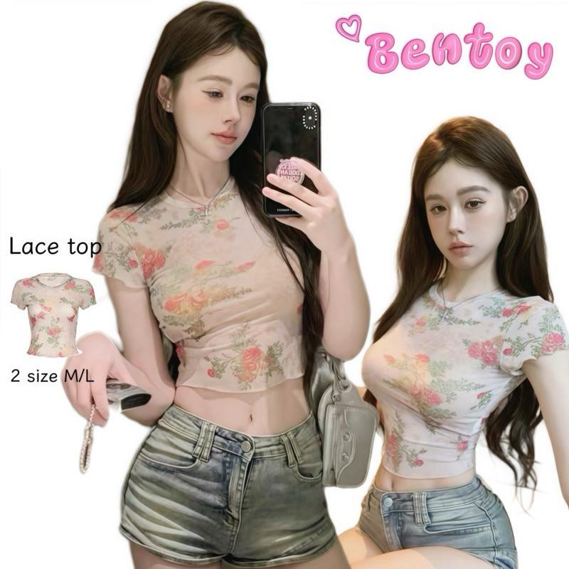 Bentoy 9259 เสื้อซีทรูแขนสั้นคอกลม ลายดอกไม้น่ารัก พร้อมส่งในไทย ขนาดS/M/L ดีไซน์ Lace top สำหรับผู้หญิง