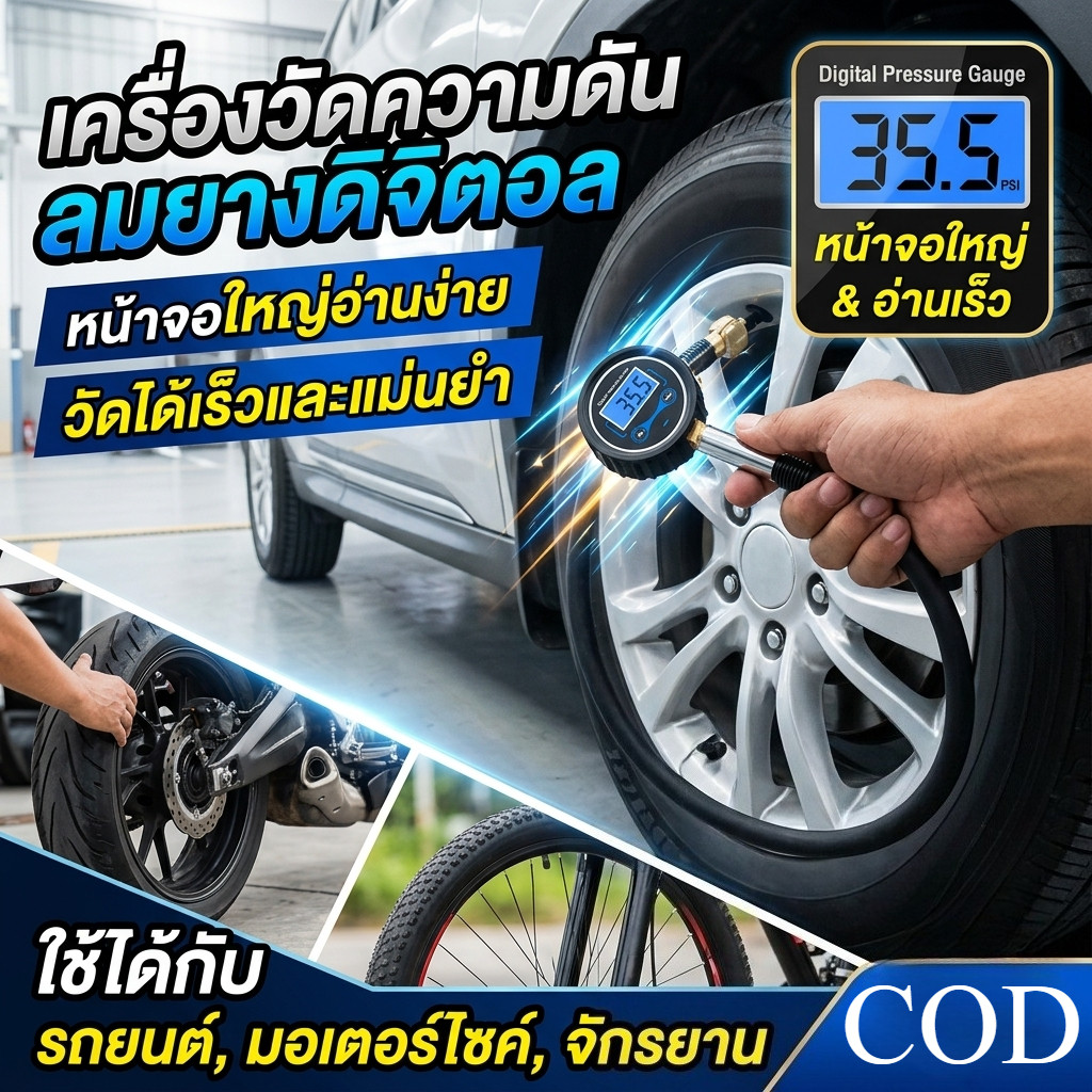 เกจวัดลมยาง ดิจิตอล อย่างดี ที่วัดลมยาง 0-200 PSI เกจ์วัดลมยาง เครื่องวัดลมยาง อเนกประสงค์ พร้อมแบตเตอรี่