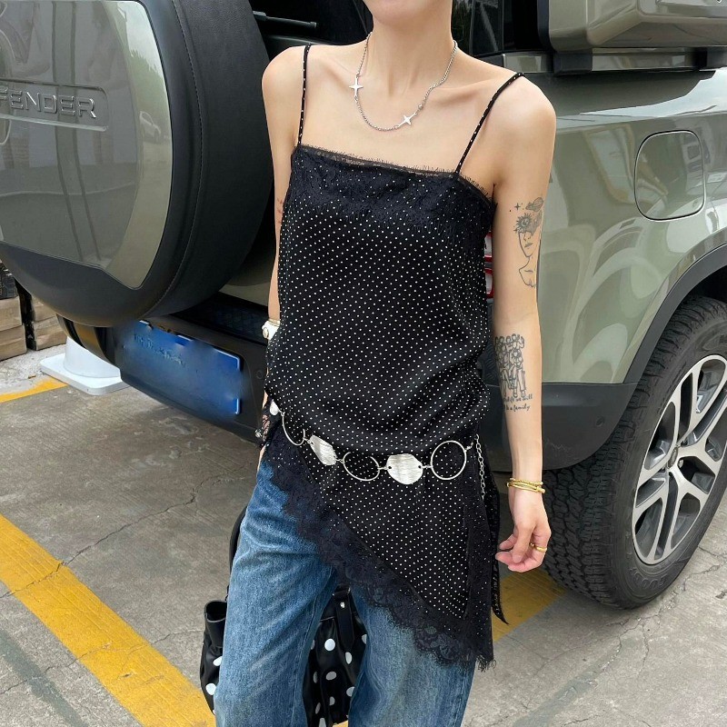 Crush เสื้อกล้ามสายบางลายจุดเล็กสีขาว คอU ขอบลูกไม้ รูปที่ 4