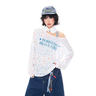 Vogue🌟พร้อมส่ง🌟 เสื้อแขนยาวโอเวอร์ไซส์ ลายจุดสีสันสดใส ผ้าซีทรูไหล่ตกใส่สบาย (FY2154)