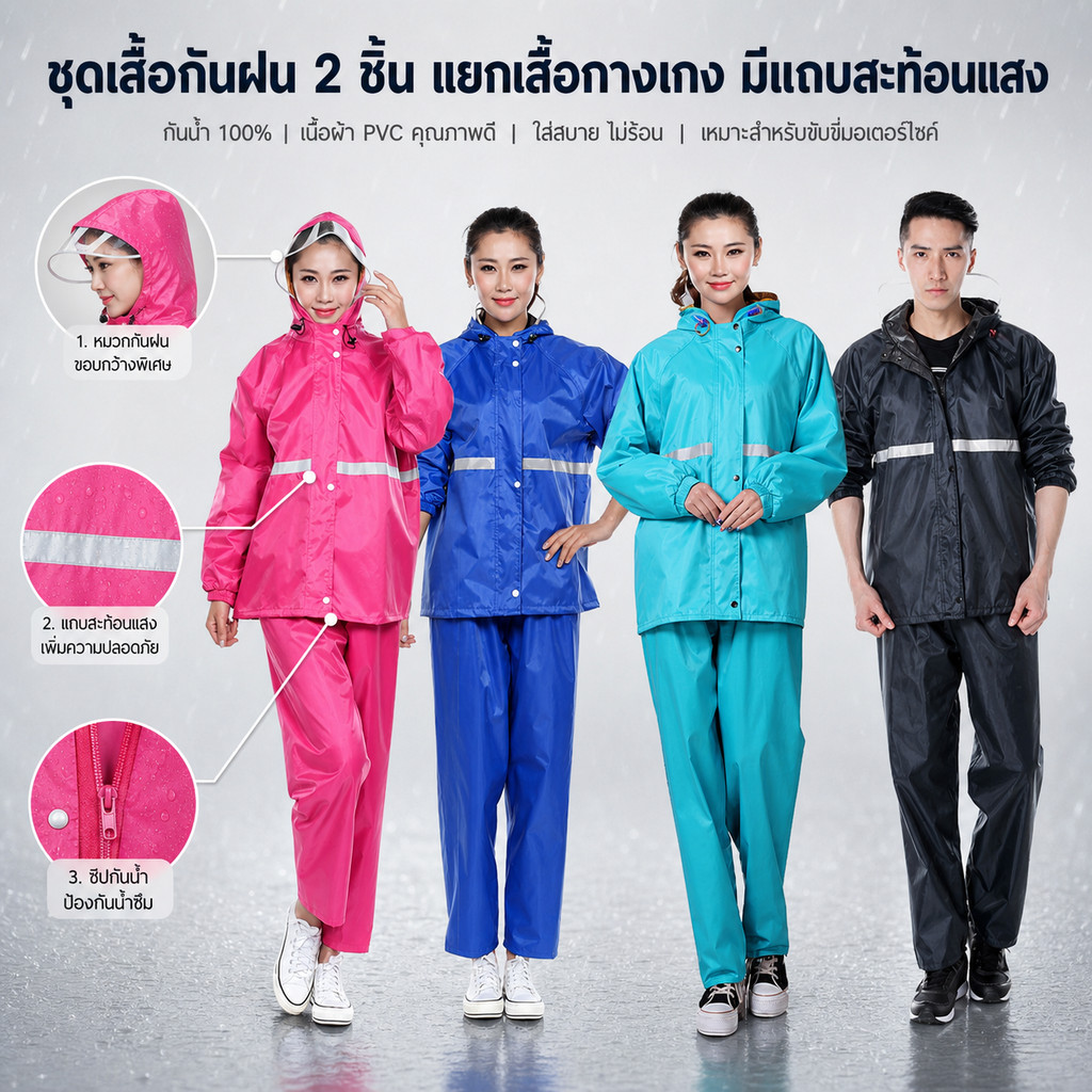 【พร้อมส่งจากไทย ส่งเร็ว】เสื้อกันฝน ชุดกันฝน มีแถบสะท้อนแสง เสื้อกันฝนมอเตอร์ไซค์ Split raincoat