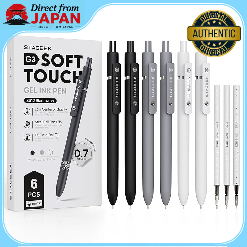 STAGEEK Gel Ink Ballpoint Pen 0.7mm Set with 6 Pens and 3 Refills - Black Ink, Quick Dry, Ultra-Fine