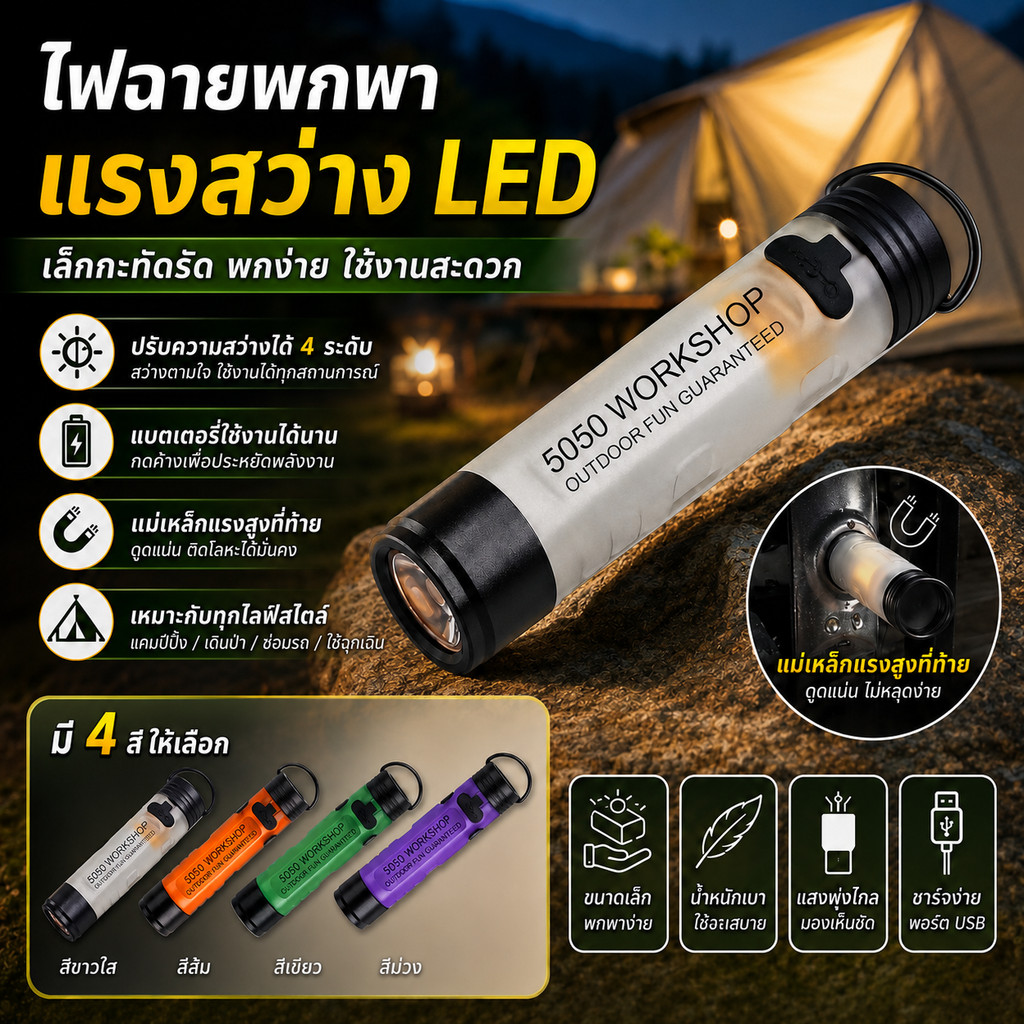 【ไฟฉายอเนกประสงค์สำหรับใช้งานกลางแจ้ง】ขนาดกะทัดรัด พกพาสะดวก ไฟ LED แบบหนีบ ดีไซน์แม่เหล็ก ให้แสงสว่างแรง ทนทาน