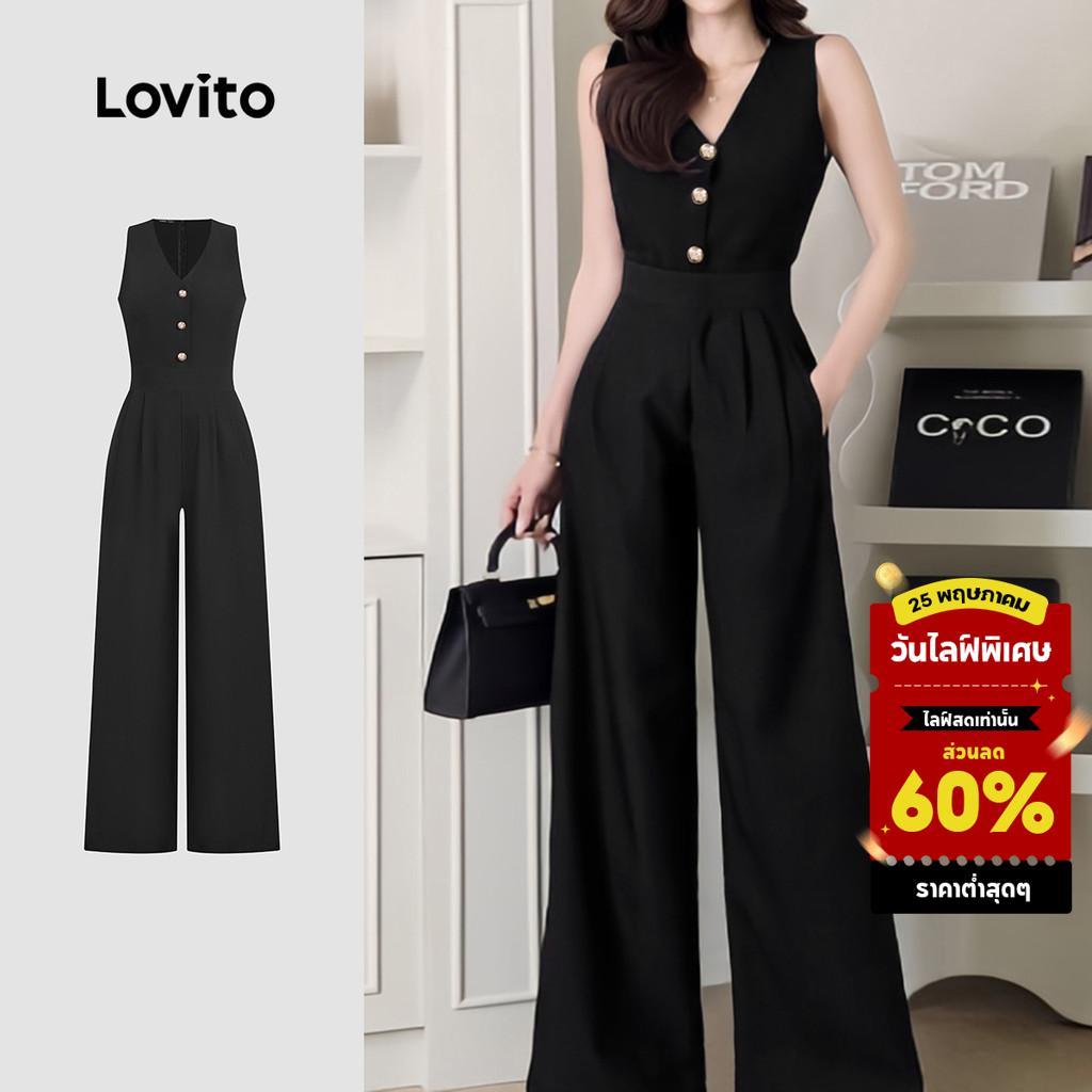 Lovito จั๊มสูทลำลองมีกระเป๋าซิปติดกระดุมสีดำสำหรับผู้หญิงในช่วงฤดูร้อน/ฤดูใบไม้ผลิ L134ED117