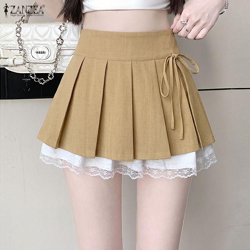 ZANZEA ผู้หญิงเกาหลีหวานวิทยาลัยสไตล์เอวสูง Tie-Up Bows จีบลูกไม้ Splicing A-Line Oversirt — صورة 4