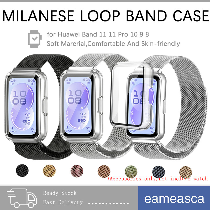 【สาย+เคส】สายลูป Milanese ปกป้องกัน PC แข็ง for Huawei Band 11 / 11 Pro/10 9 8 แถบโลหะแม่เหล็ก สายรัดกันน้ำ ปกกระจกนิรภัย