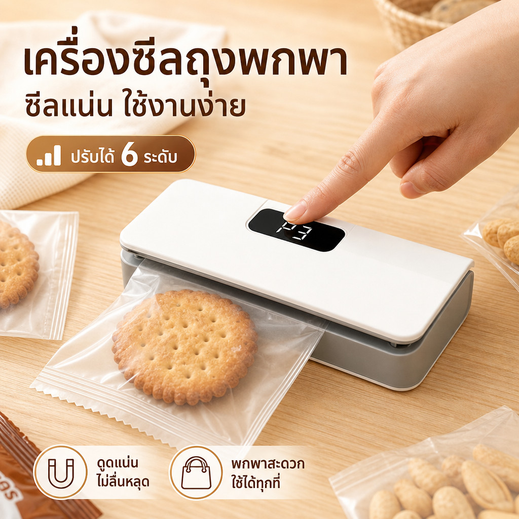 เครื่องซีลถุงพลาสติก 2 ใน1 แบบพกพา จอแสดงผล 6 เกียร์ มีใบมีดในตัว แม่เหล็กติดผนัง ชาร์จ USB