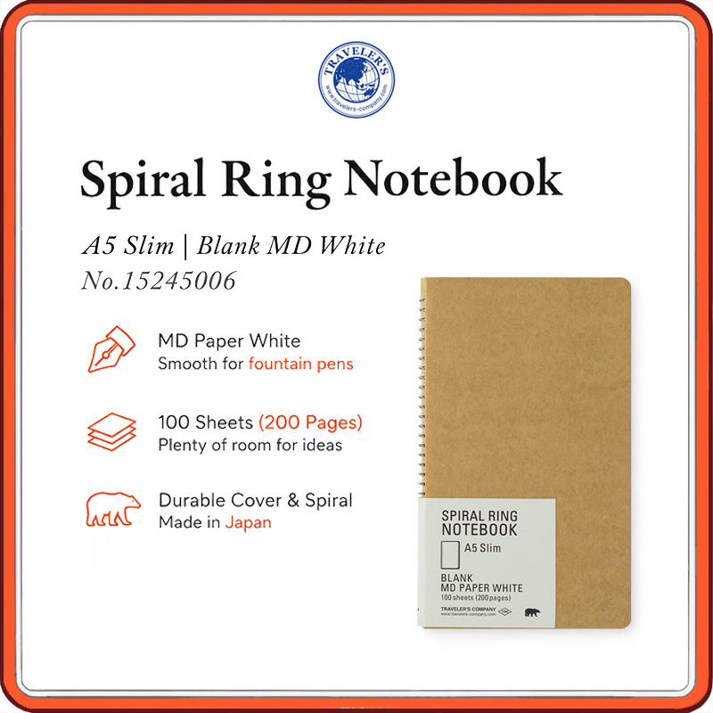Traveler’s Company MD White Spiral Ring Notebook A5 Slim Blank Sketch Journal 2 Pack Polar Bear Made