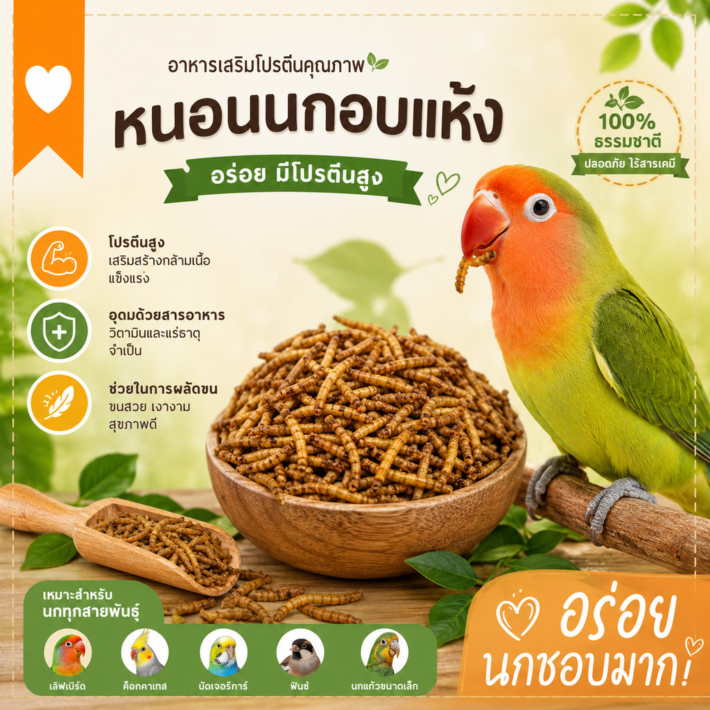 Parrot.Thailand หนอนนกอบแห้ง เกรดพรีเมียม โปรตีนสูง เสริมภูมิต้านทาน สำหรับนกเลี้ยงทุกชนิด