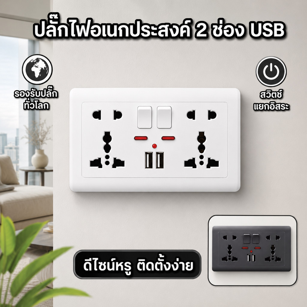 ปลั๊กไฟผนัง 146 แบบ 2 สวิตช์ 2 ช่องเสียบอเนกประสงค์ พร้อมช่องชาร์จ USB คู่ ดีไซน์ทันสมัย ติดตั้งง่าย
