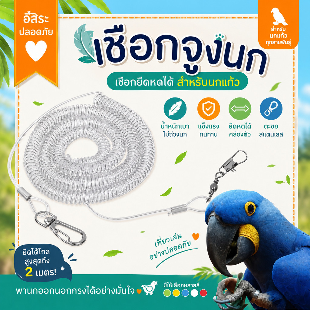 Hamster.Thailand เชือกจูงนก สายจูงนกแก้ว ยืดหดได้ น้ำหนักเบา ตะขอสแตนเลส (ขนาด 2 / 3 / 4 / 5 / 6 / 8 / 10 เมตร คละสี)