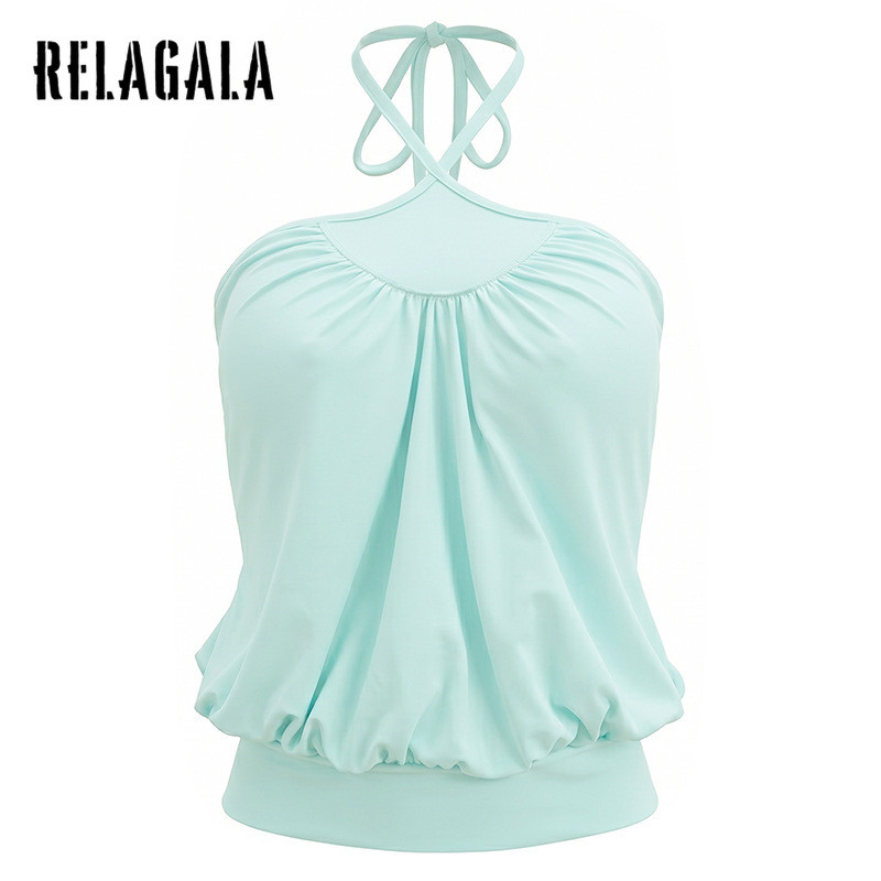 RELAGALA เสื้อชั้นในสตรีผู้หญิง 2026 ใหม่สีทึบ Crinkle แฟชั่น Halter เสื้อกล้าม + กางเกงขาสั้นชุด