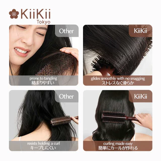 KiiKii หวีไดร์ขนหมูป่าลายเฉียง ด้ามไม้ตรง จัดแต่งทรงผม เพิ่มวอลลุ่ม ผมเรียบเงางาม ลดชี้ฟู