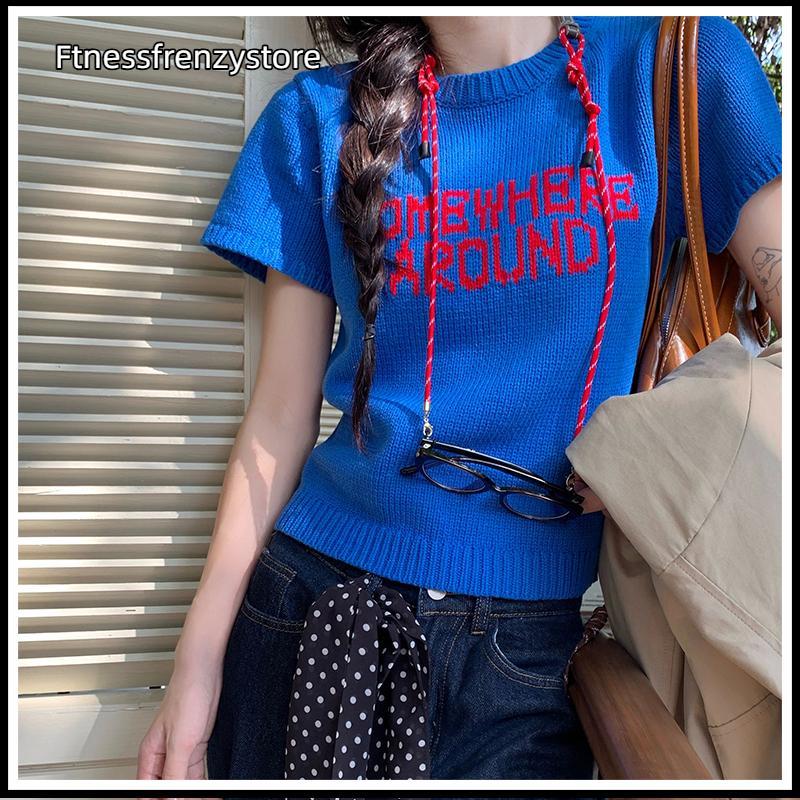 [FF] ผู้หญิง Vintage Elegant Slim แขนสั้น O-ne Pullovers ฤดูร้อนใหม่ Chic Letter เย็บปักถักร้อย Basics ถักเสื้อ [TH]
