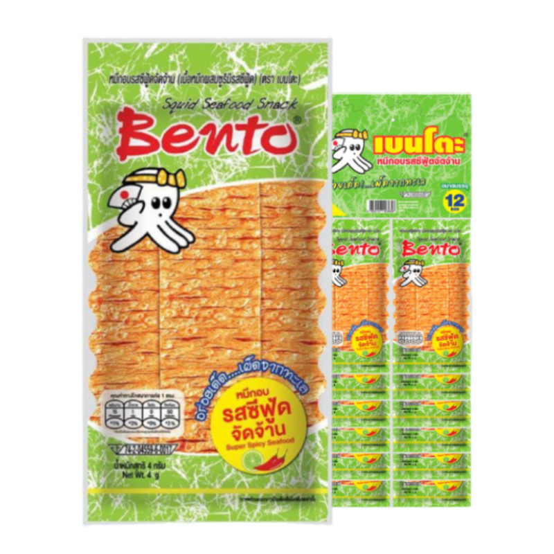 เบนโตะ หมึกอบ รสซีฟู้ดจัดจ้าน 4 ก. 12 ชิ้น (BENTO Squid Seafood Snack Super Spicy Seafood 4 g 12 pcs) โปโลแมน POLOMAN