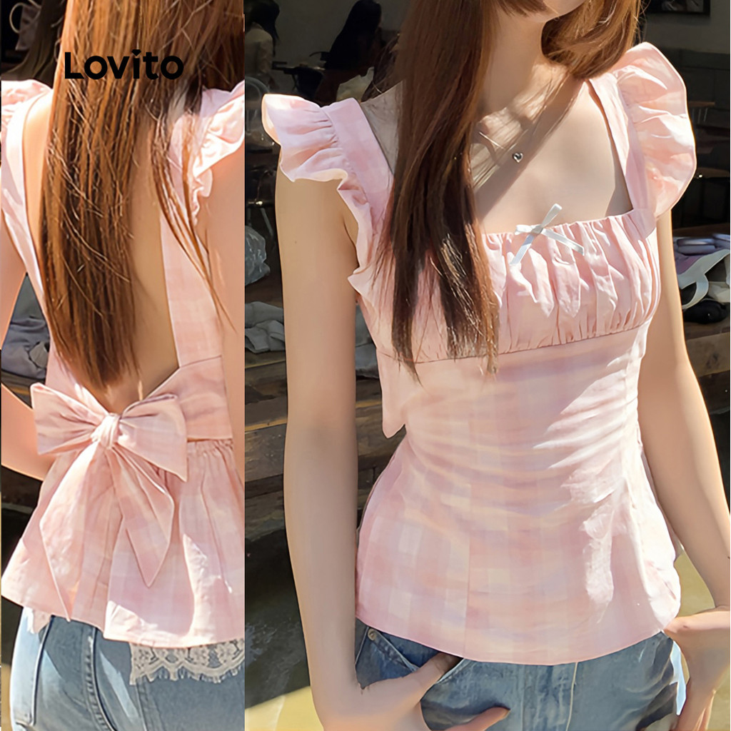 Lovito Boho เสื้อเบลาส์น่ารัก ผูกโบว์ สวมใส่สบาย เหมาะสำหรับฤดูใบไม้ผลิ/ฤดูร้อน สีชมพู สำหรับผู้หญิง L139AD384